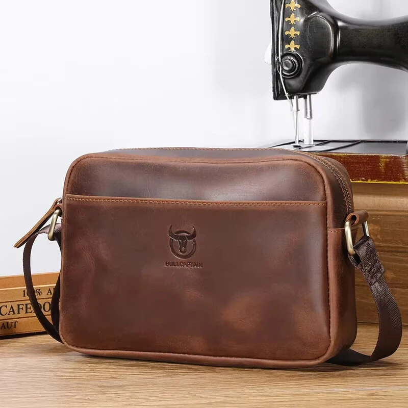 (image for) BULLCAPTAIN Men's Genuine Leather Shoulder Bag Retro Large Capacity Travel Bag Crazy Horse Leather Crossbody Bag Messenger Bag